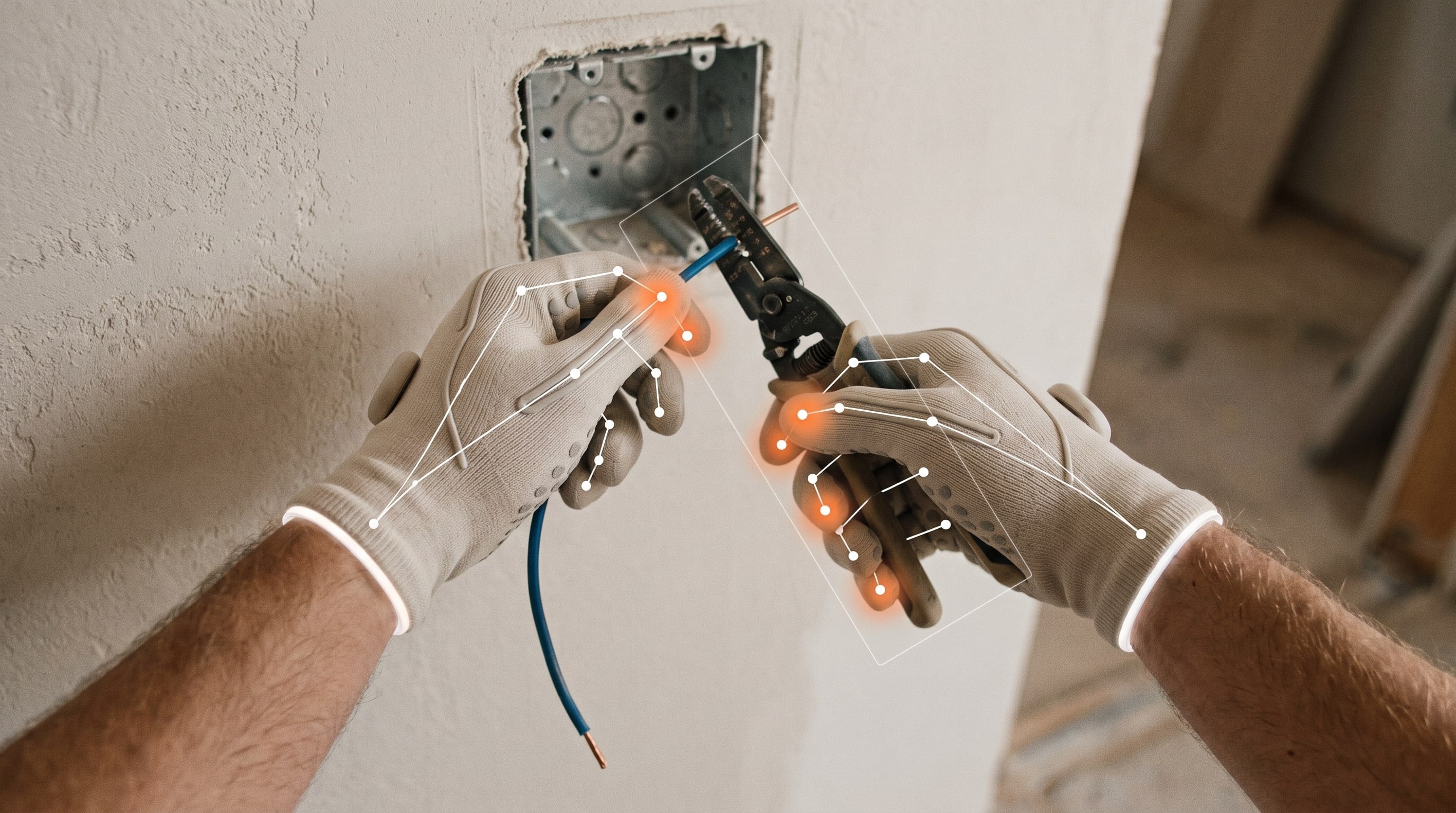 First-person capture of gloved hands stripping 12 AWG wire, overlaid with tracked hand-pose keypoints and fingertip pressure heatmaps