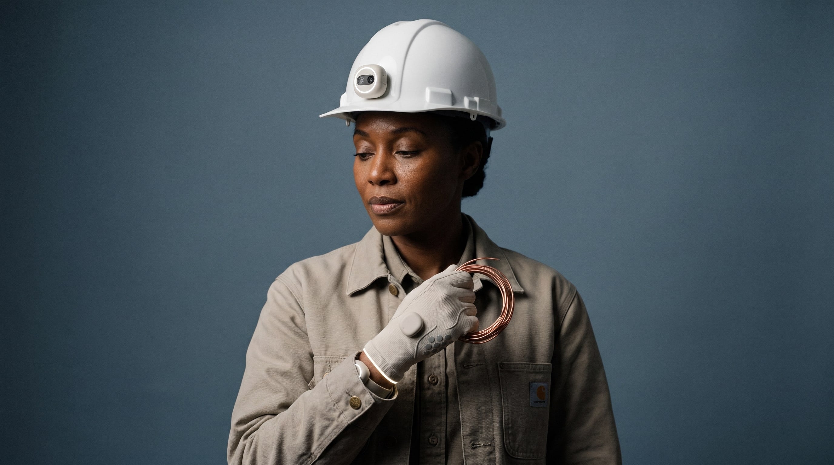 Master electrician wearing a hard hat with the Talos stereo head camera and Talos Capture Gloves, holding a coil of copper wire