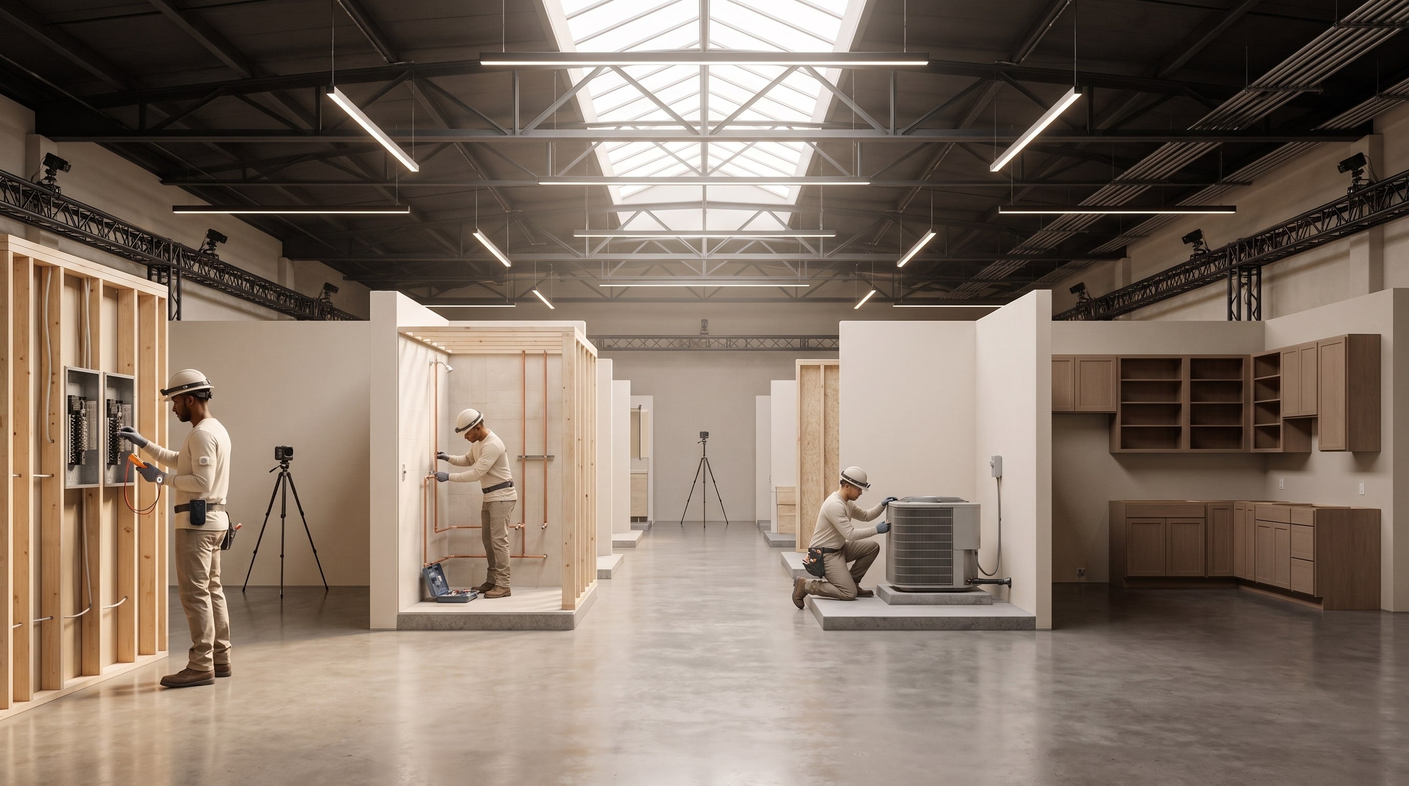 The Talos Capture Lab: full-scale mock-up bays with electrical panels, a plumbing rough-in and an HVAC condenser, tradespeople working under motion-capture cameras