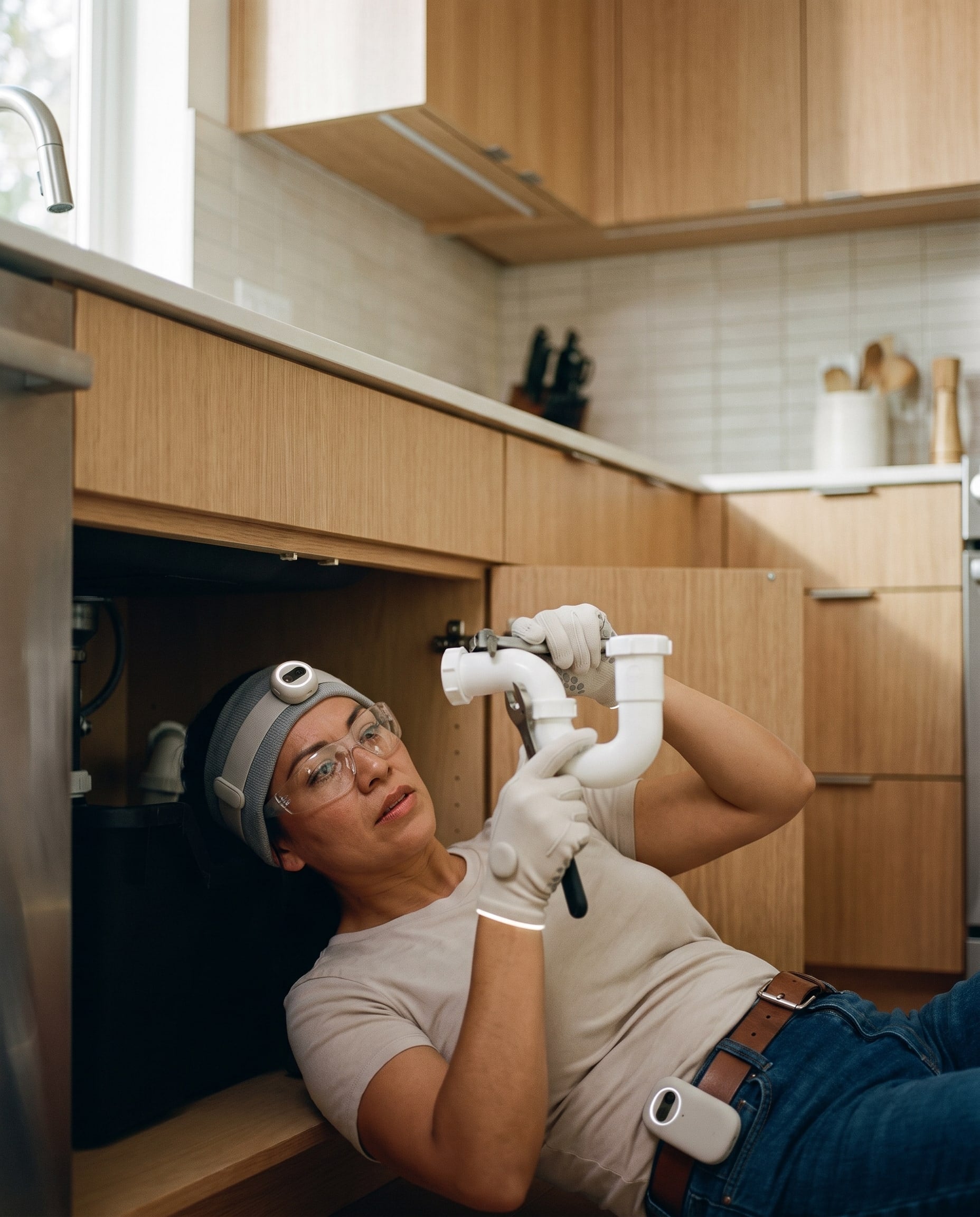 Plumber wearing Talos Capture Gloves and a headband-mounted Talos camera installing a P-trap under a kitchen sink