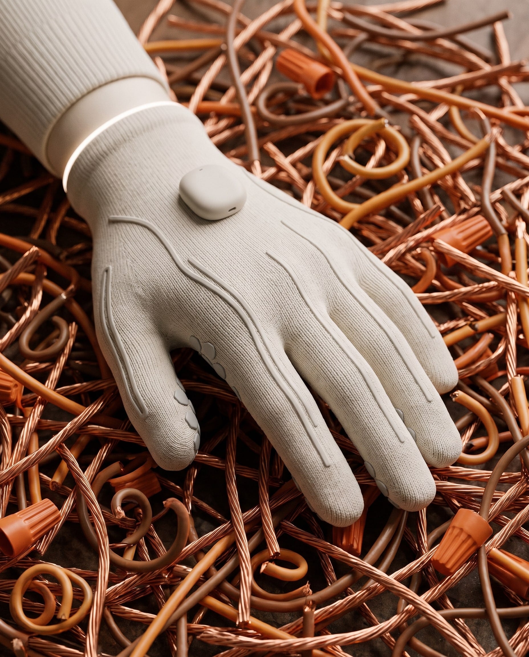 Talos Capture Glove in bone knit with raised flex-sensor seams, resting on copper wire offcuts