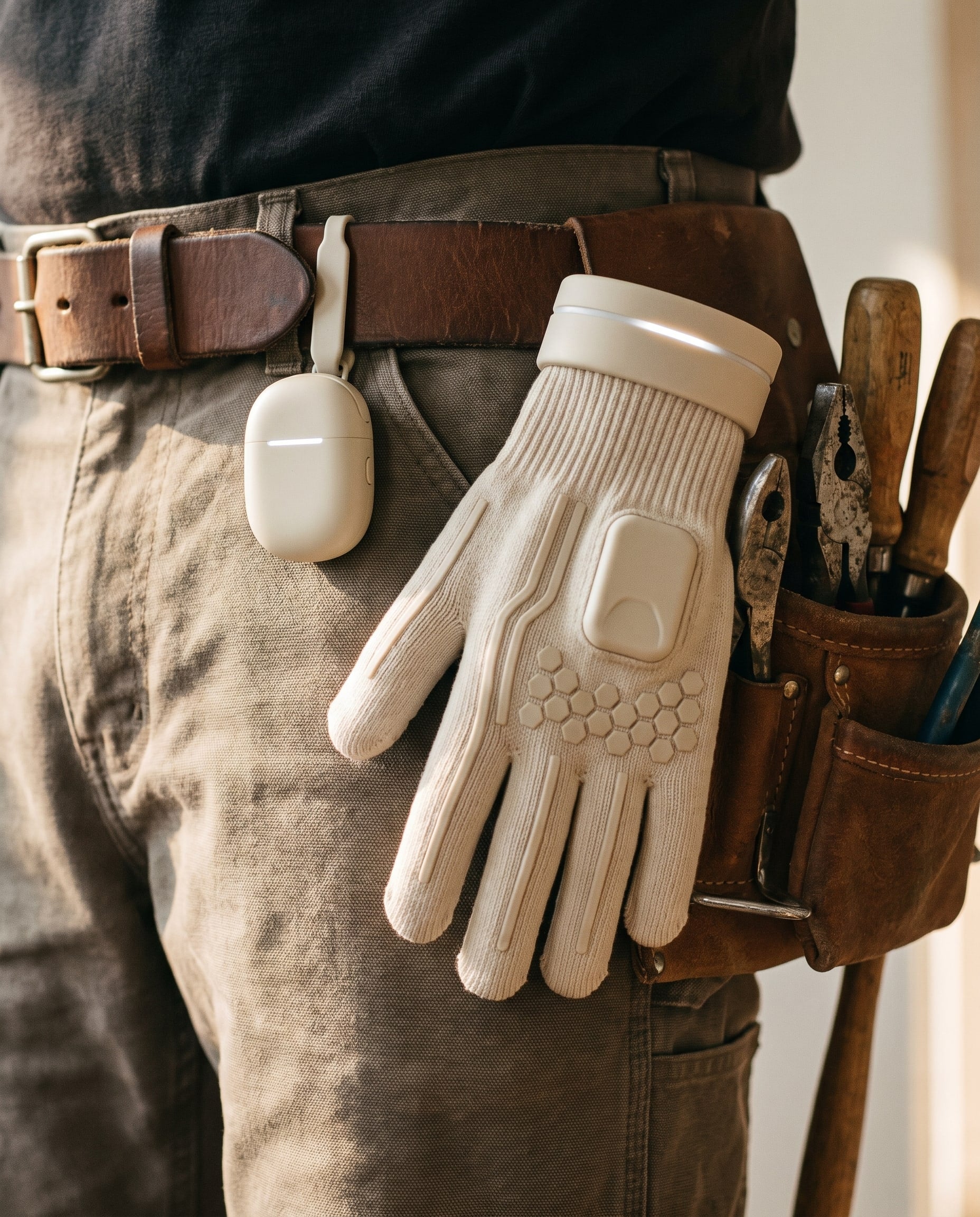 Talos Recorder clipped to a leather tool belt beside a Talos Capture Glove